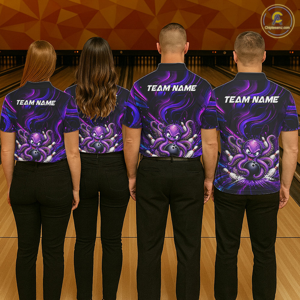 Funny Purple Octopus Bowling Polo & Quarter Zip For Women, Custom Bowling Team Shirt Bowling Jersey NBT960
