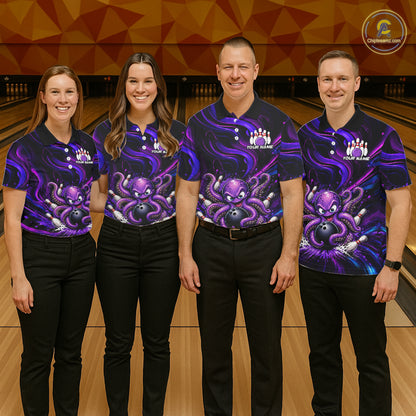 Funny Purple Octopus Bowling Polo & Quarter Zip For Women, Custom Bowling Team Shirt Bowling Jersey NBT960