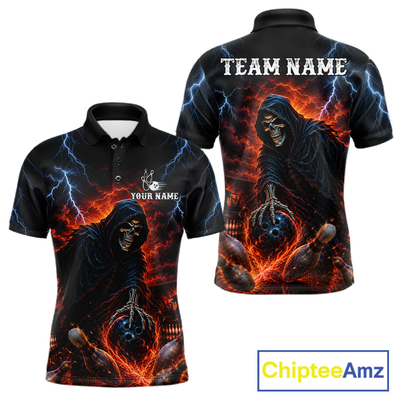 Custom Grim Reaper Lightning Bowling Shirt For Men, Skull Bowling Jersey Team Polo & 1/4 Zip Shirt NBT963