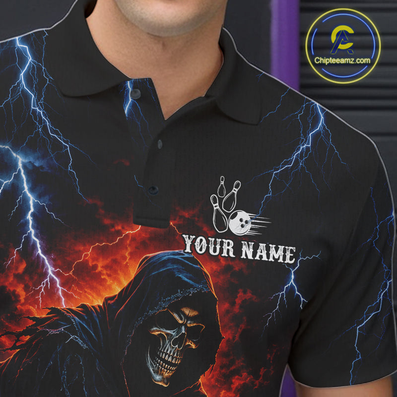 Custom Grim Reaper Lightning Bowling Shirt For Men, Skull Bowling Jersey Team Polo & 1/4 Zip Shirt NBT963