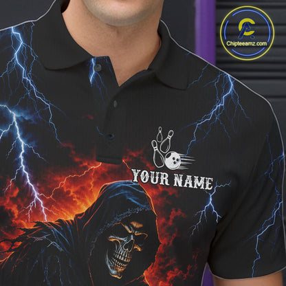 Custom Grim Reaper Lightning Bowling Shirt For Men, Skull Bowling Jersey Team Polo & 1/4 Zip Shirt NBT963