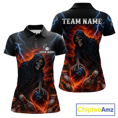 Custom Grim Reaper Lightning Bowling Shirt For Women, Skull Bowling Jersey Team Polo & 1/4 Zip Shirt NBT963