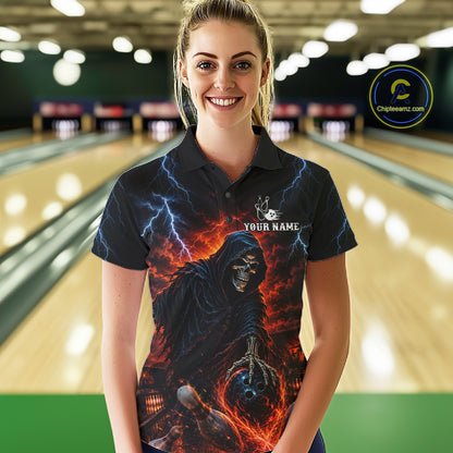 Custom Grim Reaper Lightning Bowling Shirt For Women, Skull Bowling Jersey Team Polo & 1/4 Zip Shirt NBT963