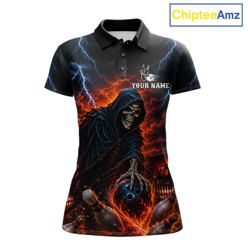 Custom Grim Reaper Lightning Bowling Shirt For Women, Skull Bowling Jersey Team Polo & 1/4 Zip Shirt NBT963