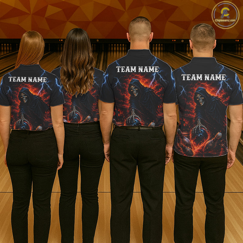 Custom Grim Reaper Lightning Bowling Shirt For Men, Skull Bowling Jersey Team Polo & 1/4 Zip Shirt NBT963