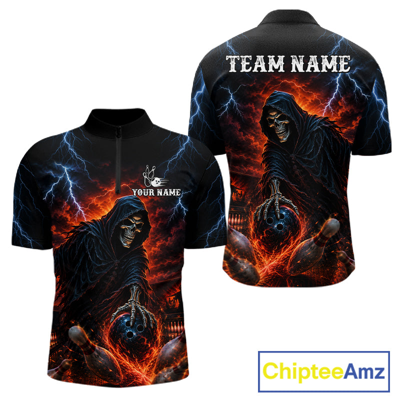 Custom Grim Reaper Lightning Bowling Shirt For Men, Skull Bowling Jersey Team Polo & 1/4 Zip Shirt NBT963