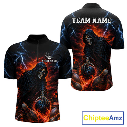 Custom Grim Reaper Lightning Bowling Shirt For Men, Skull Bowling Jersey Team Polo & 1/4 Zip Shirt NBT963