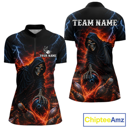 Custom Grim Reaper Lightning Bowling Shirt For Women, Skull Bowling Jersey Team Polo & 1/4 Zip Shirt NBT963