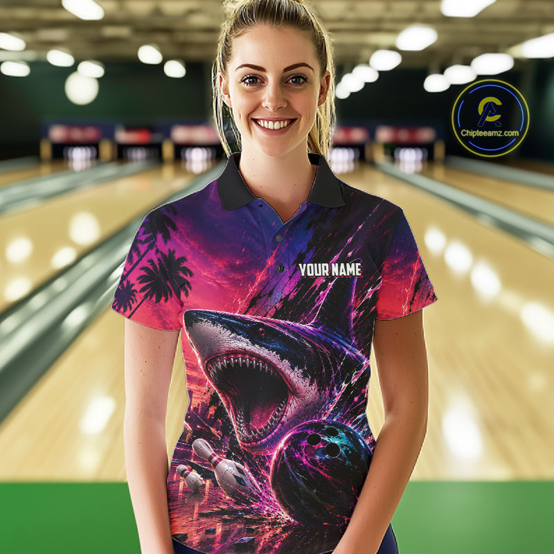 Custom Shark Bowling Polo Shirts For Women, Shark Bowling Team Shirt NBT969