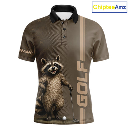 Personalized Funny Brown Raccoon Custom Name Polo Golf Shirt For Mens, Golfer Gifts NBT888