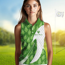 Load image into Gallery viewer, Green Golf Pattern Sleeveless Polo Golf Shirt For Women Custom Ladies Golf Clothes, Best Golf Gifts NBT572