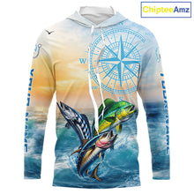 Load image into Gallery viewer, Front view of personalized mahi mahi wahoo tuna blue hooded performance fishing shirt