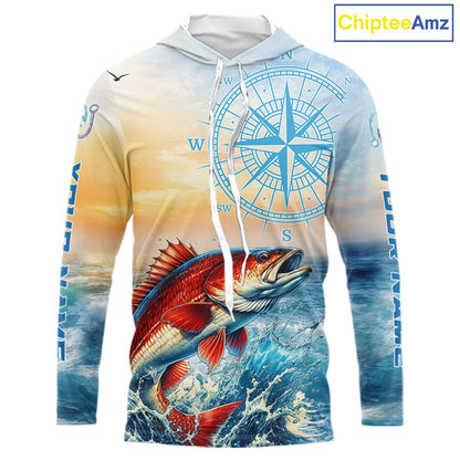 Redfish Fishing Sunset Custom Fishing Long Sleeve Hooded Shirt, Redfish Compass Offshore Fishing Apparel NBT587