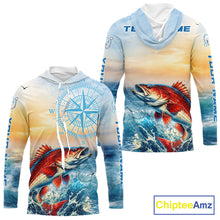 Load image into Gallery viewer, Redfish Fishing Sunset Custom Fishing Long Sleeve Hooded Shirt, Redfish Compass Offshore Fishing Apparel NBT587