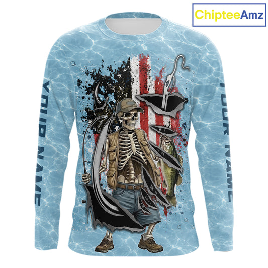 Custom Bass Fishing Long Sleeve American Flag Fish Reaper Fishing Shirts, Bass Fishing Jerseys NBT729