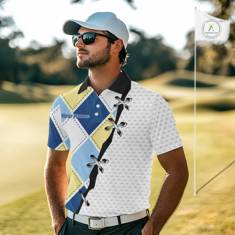 Men golfer wearing custom blue and yellow argyle pattern golf shirt