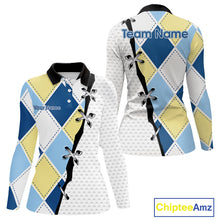 Load image into Gallery viewer, front and back view of long sleeve blue and yellow golf argyle plaid pattern womens golf polo