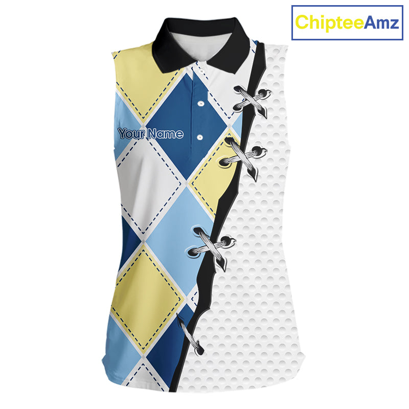 front view of blue and yellow golf argyle plaid pattern womens sleeveless golf polo