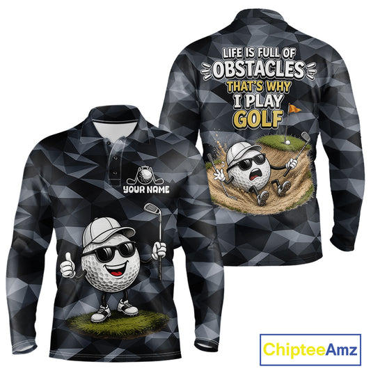 Front view of funny mens long sleeve golf polo shirt with custom golf ball camo pattern, funny golf outfits and best golf gifts
