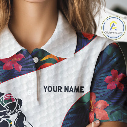 Custom Name Colorful Tropical Pattern Golf Women's Polo Shirt, White Golf Shirt, Team Golf Top NBT498