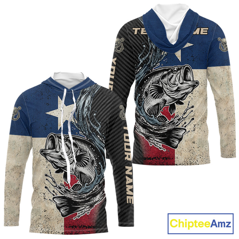 Front and back view of Custom Texas Flag Bass Fishing Shirt Texas Bass Long Sleeve Hooded Shirt, UPF 30+ long sleeve fishing shirt with Texas flag and bass graphic
