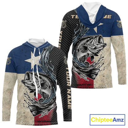 Front and back view of Custom Texas Flag Bass Fishing Shirt Texas Bass Long Sleeve Hooded Shirt, UPF 30+ long sleeve fishing shirt with Texas flag and bass graphic