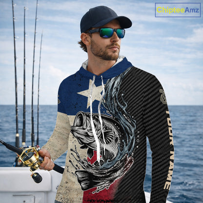 Angler wearing Custom Texas Flag Bass Fishing Shirt Texas Bass Long Sleeve Hooded Shirt, breathable UPF 30+ long sleeve hooded fishing shirt on the boat