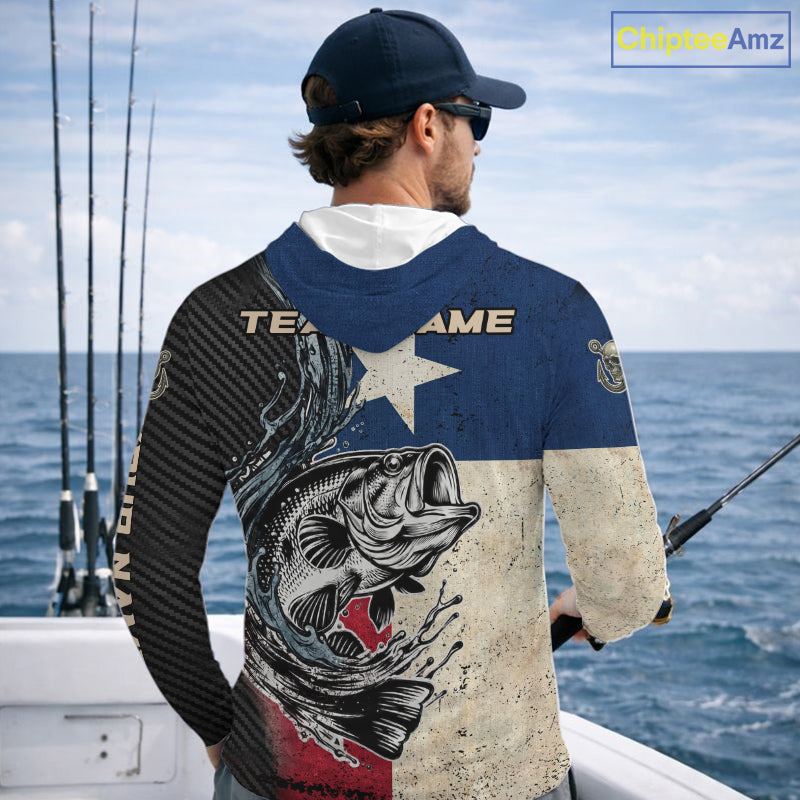 Angler wearing Custom Texas Flag Bass Fishing Shirt Texas Bass Long Sleeve Hooded Shirt, breathable UPF 30+ long sleeve hooded fishing shirt on the boat