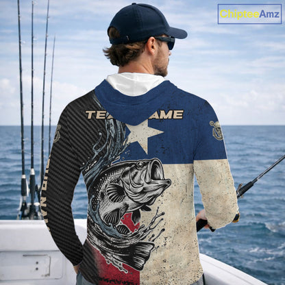 Angler wearing Custom Texas Flag Bass Fishing Shirt Texas Bass Long Sleeve Hooded Shirt, breathable UPF 30+ long sleeve hooded fishing shirt on the boat