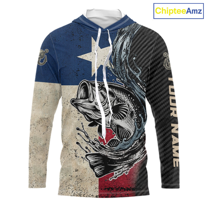 Front view of Custom Texas Flag Bass Fishing Shirt Texas Bass Long Sleeve Hooded Shirt, UPF 30+ long sleeve fishing shirt with Texas flag and bass graphic
