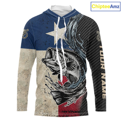 Front view of Custom Texas Flag Bass Fishing Shirt Texas Bass Long Sleeve Hooded Shirt, UPF 30+ long sleeve fishing shirt with Texas flag and bass graphic