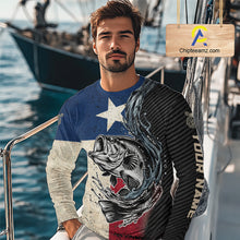 Load image into Gallery viewer, Model wearing Texas Flag Bass Fishing Shirt custom long sleeve UPF on boat largemouth bass tournament fishing