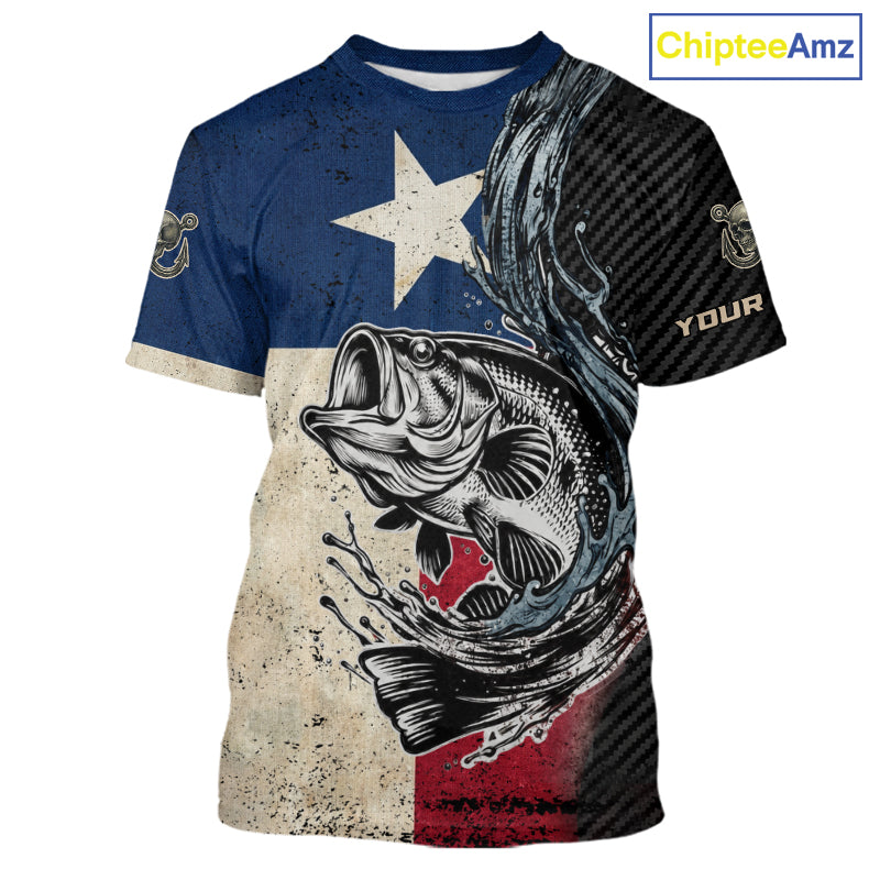 Custom Texas Flag Bass Fishing Shirts, Texas Bass Fishing T-Shirts NBT842