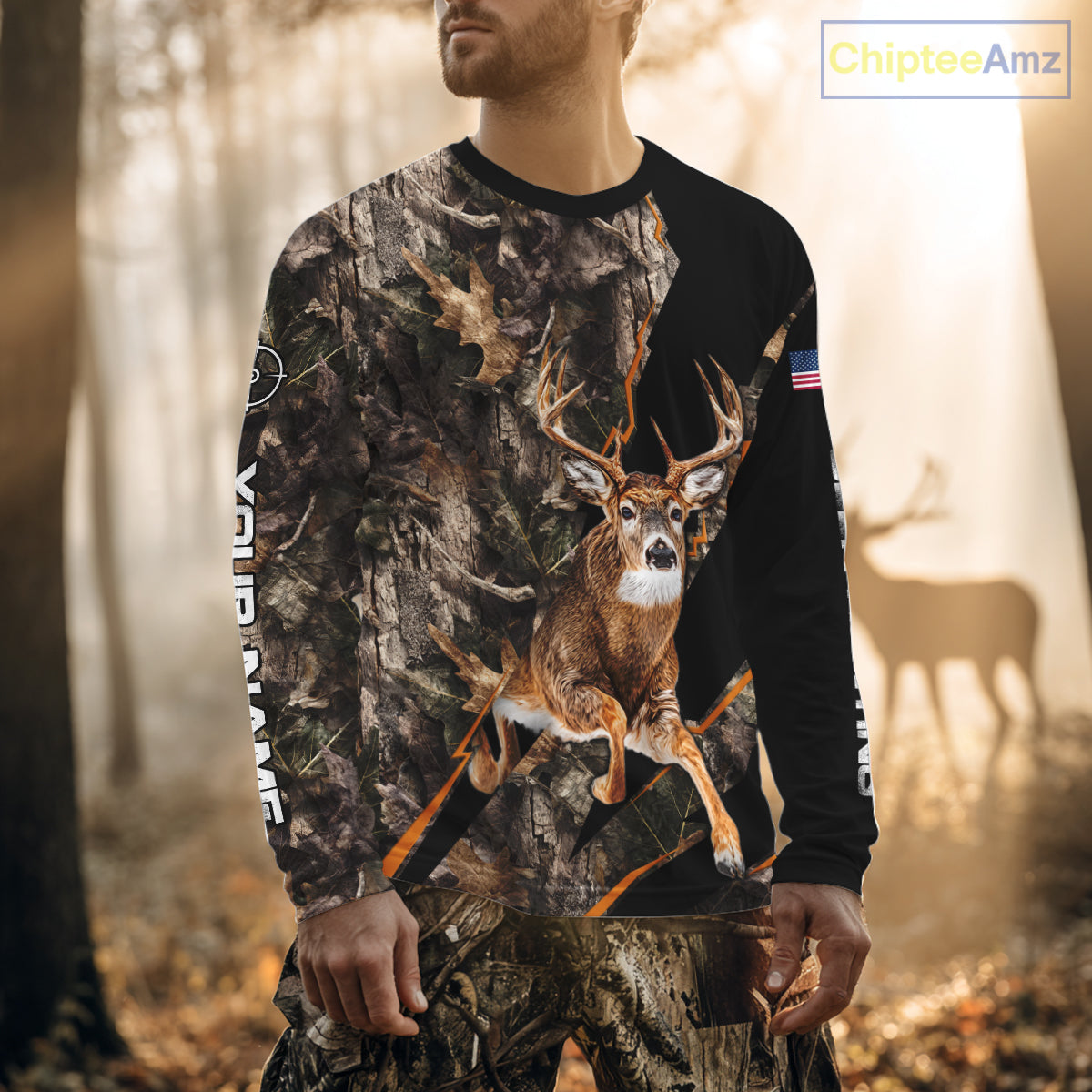 Whitetail Deer Hunting Brown Camo with Scope US Flag Shirts, Deer Hunting Clothes for Hunters NBT230