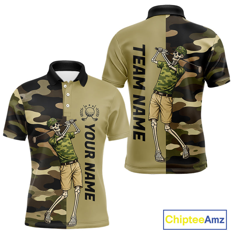 Funny Skull Golf Polo Shirts Green Camo Pattern Custom Name Skull Playing Golf Apparel NBT625