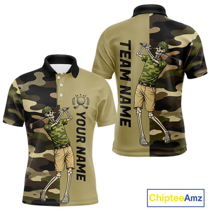 Funny Skull Golf Polo Shirts Green Camo Pattern Custom Name Skull Playing Golf Apparel NBT625