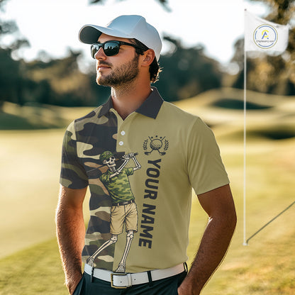 Funny Skull Golf Polo Shirts Green Camo Pattern Custom Name Skull Playing Golf Apparel NBT625