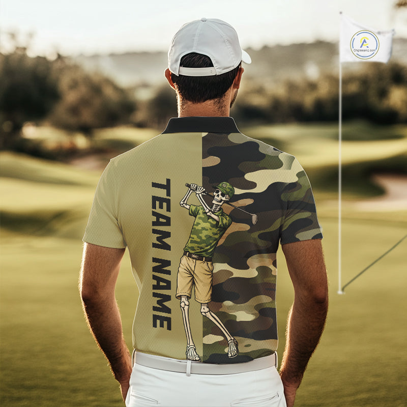 Funny Skull Golf Polo Shirts Green Camo Pattern Custom Name Skull Playing Golf Apparel NBT625