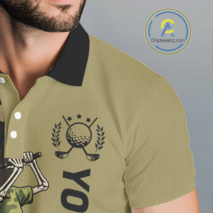 Funny Skull Golf Polo Shirts Green Camo Pattern Custom Name Skull Playing Golf Apparel NBT625