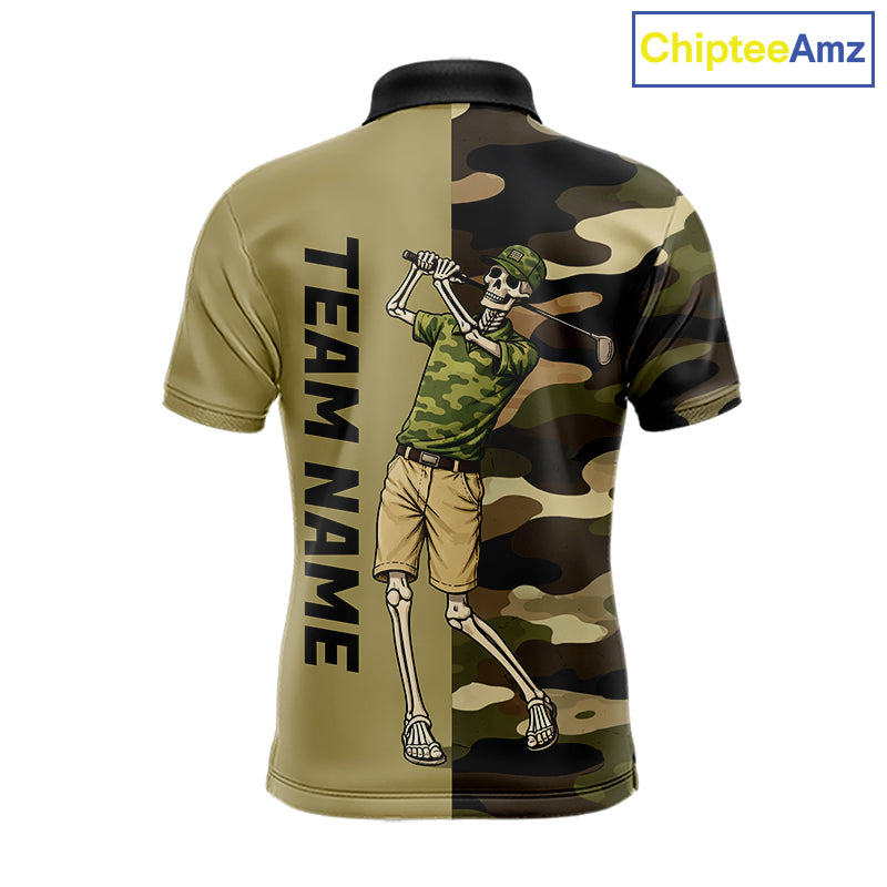 Funny Skull Golf Polo Shirts Green Camo Pattern Custom Name Skull Playing Golf Apparel NBT625