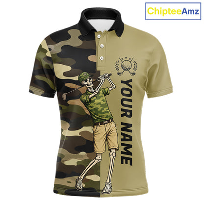 Funny Skull Golf Polo Shirts Green Camo Pattern Custom Name Skull Playing Golf Apparel NBT625