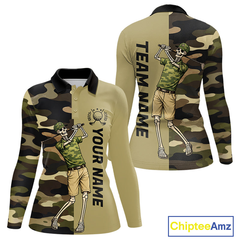 Funny Skull Golf Polo Shirts Green Camo Pattern Custom Name Skull Playing Golf Apparel NBT625