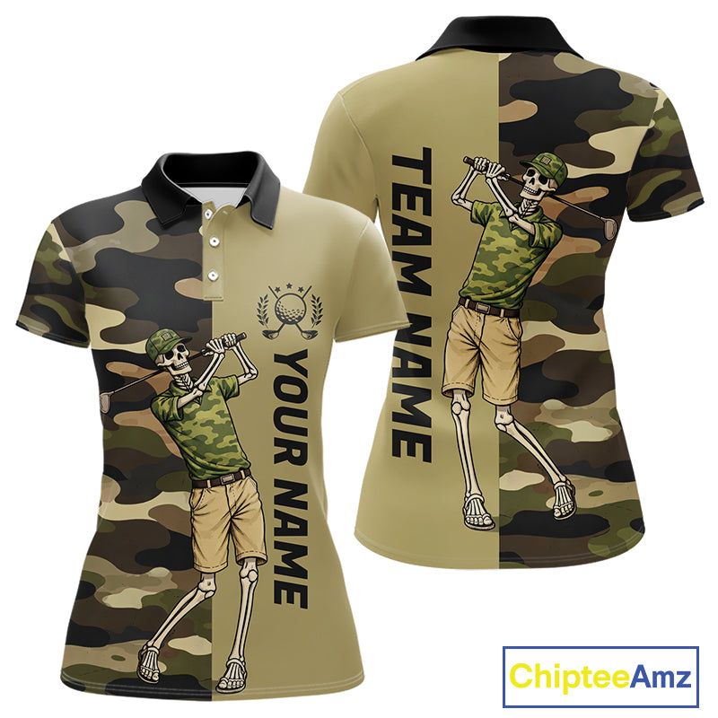 Funny Skull Golf Polo Shirts Green Camo Pattern Custom Name Skull Playing Golf Apparel NBT625