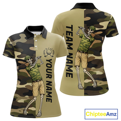 Funny Skull Golf Polo Shirts Green Camo Pattern Custom Name Skull Playing Golf Apparel NBT625