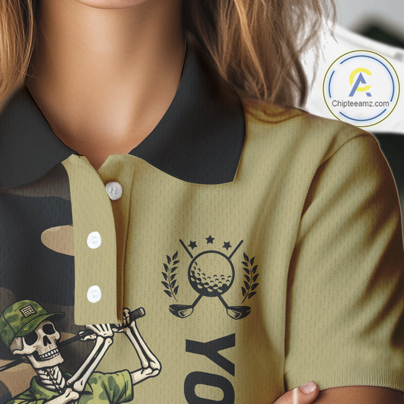 Funny Skull Golf Polo Shirts Green Camo Pattern Custom Name Skull Playing Golf Apparel NBT625