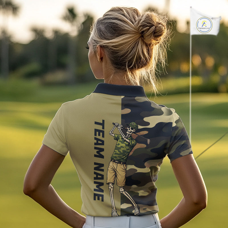 Funny Skull Golf Polo Shirts Green Camo Pattern Custom Name Skull Playing Golf Apparel NBT625