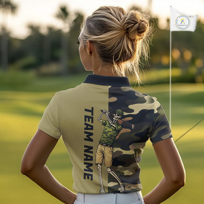 Funny Skull Golf Polo Shirts Green Camo Pattern Custom Name Skull Playing Golf Apparel NBT625