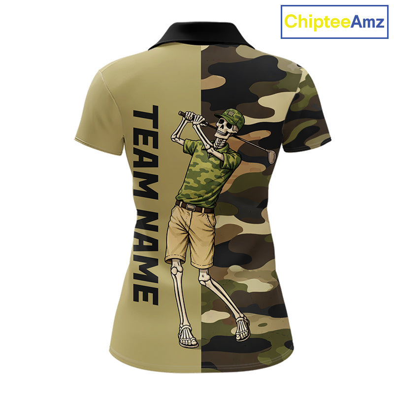 Funny Skull Golf Polo Shirts Green Camo Pattern Custom Name Skull Playing Golf Apparel NBT625