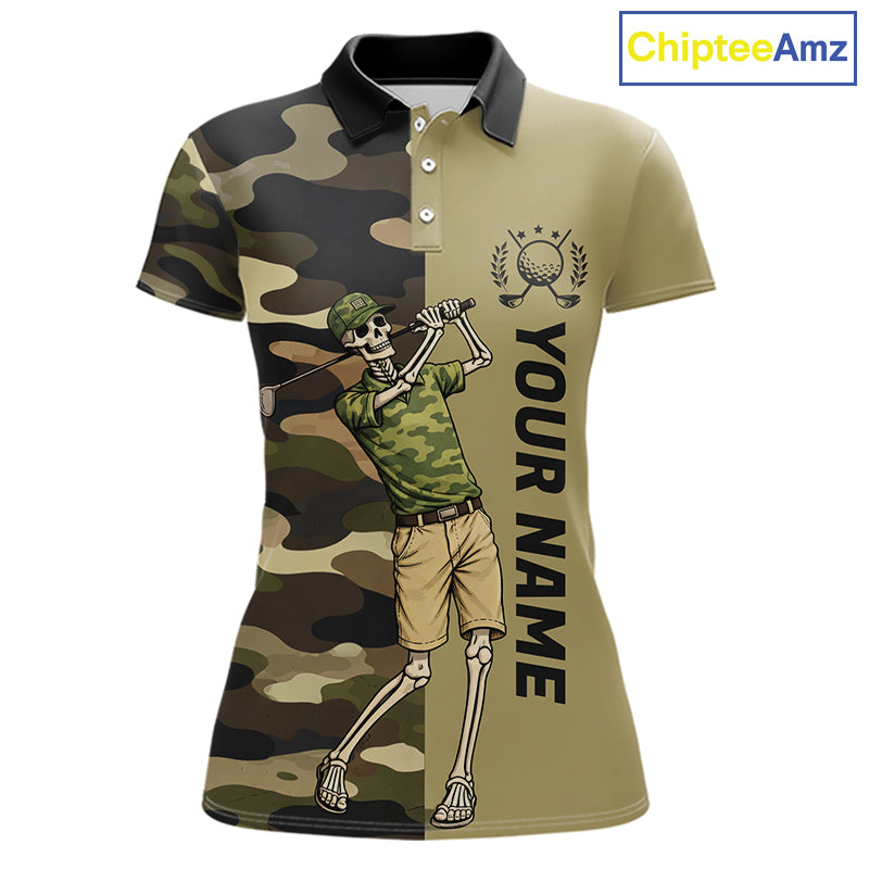 Funny Skull Golf Polo Shirts Green Camo Pattern Custom Name Skull Playing Golf Apparel NBT625