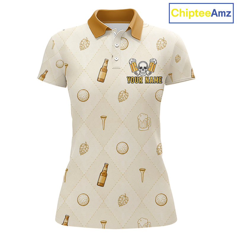 front view of Born To Golf Forced To Work mens golf polo with beer argyle pattern